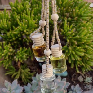 Pode incluir: Tr&ecirc;s pequenas garrafas de vidro com tampas de madeira e um cord&atilde;o bege pendurado nelas. As garrafas est&atilde;o cheias de l&iacute;quidos transparentes e est&atilde;o penduradas na frente de uma planta verde.