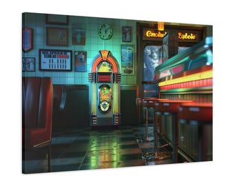 Neon Jukebox Diner Canvas Print: Retro Americana Wall Art
