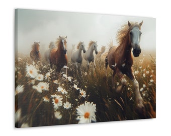 May include: A canvas print featuring a herd of horses galloping through a field of wildflowers. The horses, in shades of brown and white, have flowing manes and tails. The scene is set in a field of white daisies and tall grass, with a soft, misty background.