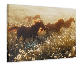 May include: Canvas art print featuring a herd of brown horses galloping through a field of white flowers. The horses are illuminated by sunlight, creating a warm, golden glow. The artwork captures the energy and freedom of the horses.