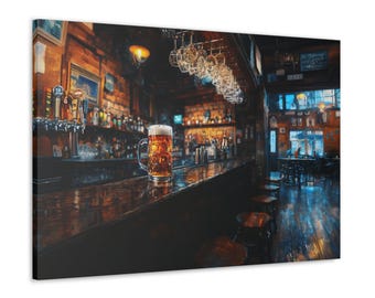 May include: A canvas print of a pub interior. A large mug of beer sits on a wooden bar. The bar is dark and has stools. Glasses hang upside down above the bar. The background shows bottles and taps.