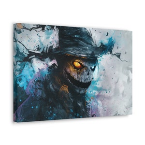 May include: Canvas art print depicting a scary scarecrow with glowing orange eyes and a menacing smile. The artwork uses a watercolour style with splashes of blue, purple, and white, creating a haunting effect. The scarecrow wears a dark hat.