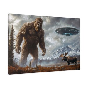 Wall Art, Bigfoot UFO Encounter Canvas Print, Sasquatch Alien Abduction Decor, Cryptid Spaceship Artwork, Paranormal Home Wall Decor, Matte
