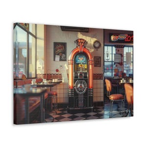 Bande originale du restaurant AUS : décoration jukebox chromée « Impression sur toile » Chrome Jukebox, art musical pour salle à manger, impression sur toile de salle à manger rétro, salle à manger des années 50