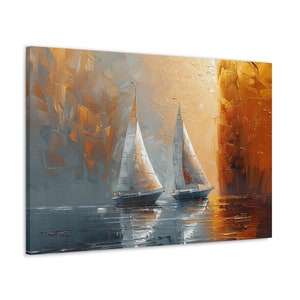 Set Sail on Serenity: Nautical Sailboat &quot;Canvas&quot; - FREE SHIPPING -- Gold and Silver Sailboats