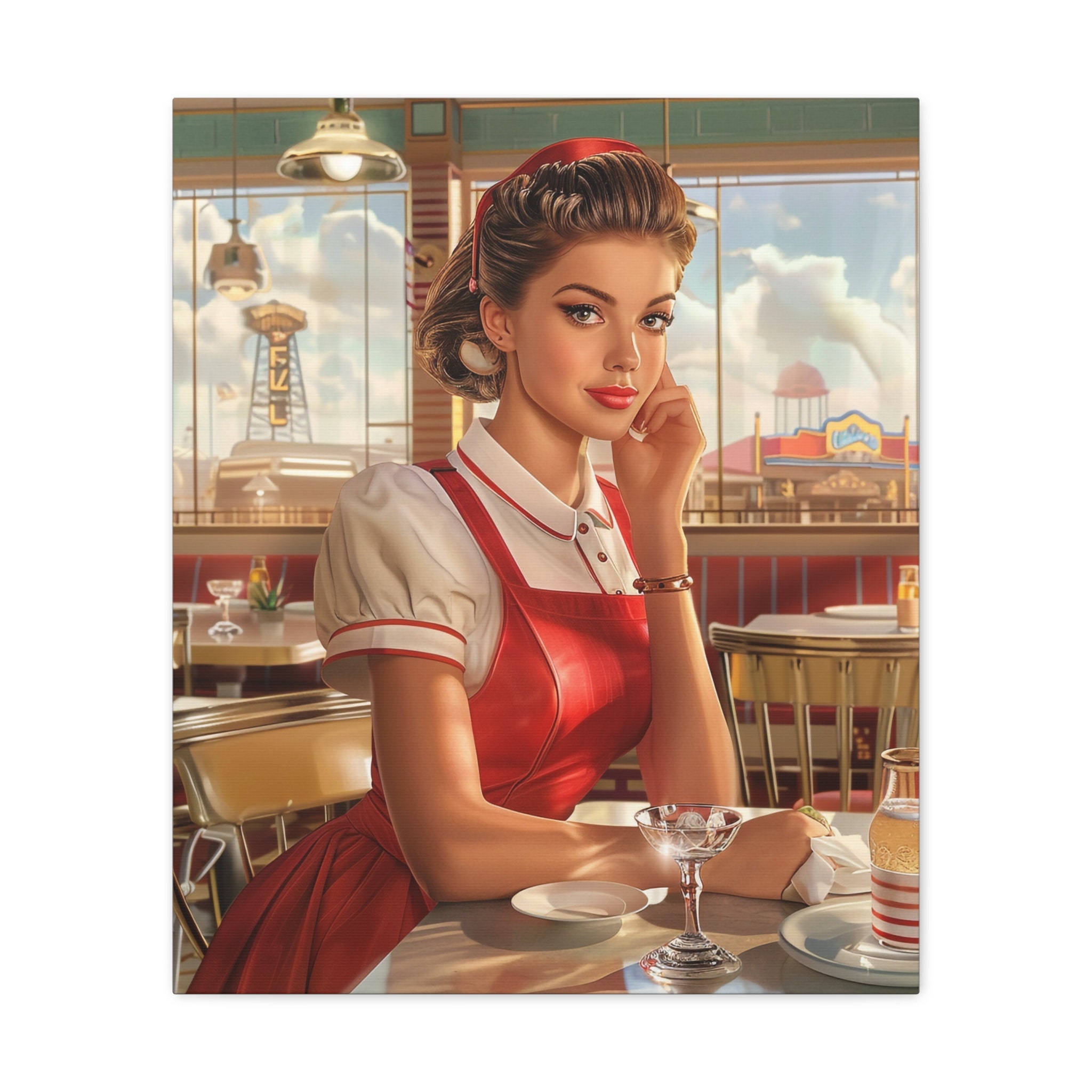 1950年代のダイナーウェイトレスのキャンバスプリント、ミッド