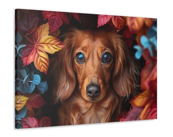 May include: A canvas print featuring a long-haired dachshund dog with a brown coat and large, expressive eyes. The dog is surrounded by colorful autumn leaves in shades of red, orange, and yellow, with some blue-green foliage.