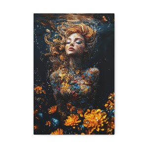 Canvas Gallery Wraps, Stunning Siren under water with beautiful flowers, Mermaid Wall Art, Ocean Home Decor, Floral Canvas Print, Sea