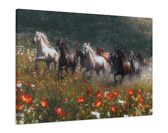 Wild Horses Running Through Flower Meadow Canvas