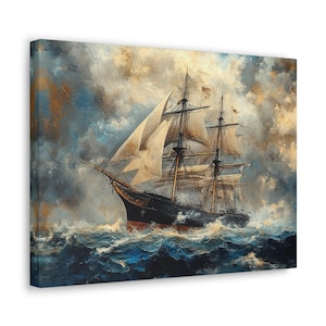 Op de afbeelding: Een canvas print van een zeilschip dat door een stormachtige zee vaart. Het kunstwerk toont een schip met een donkere romp en wapperende witte zeilen, tegen een achtergrond van woelige blauwe golven en een dramatische, bewolkte lucht. Het schilderij roept een gevoel van avontuur op.