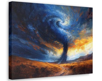 Tela con tornado nel cielo tempestoso: stampa artistica astratta sulla natura