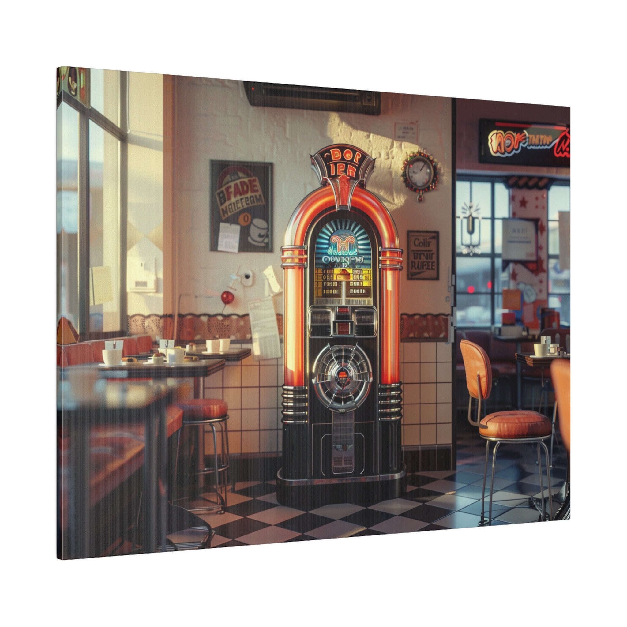 Poster Rétro Années 80 Diner Neon Jukebox - Impression Murale 36x36 Cm, Toile Multicolore