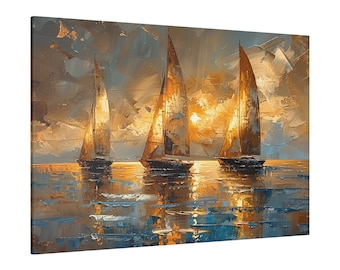 Könnte beinhalten: Ölgemälde mit drei Segelbooten auf dem Wasser bei Sonnenuntergang. Die Segel sind von goldenem Licht beleuchtet, das sich auf der Wasseroberfläche spiegelt. Der Himmel ist eine Mischung aus Blau, Grau und Gold, was einen dramatischen Effekt erzeugt.