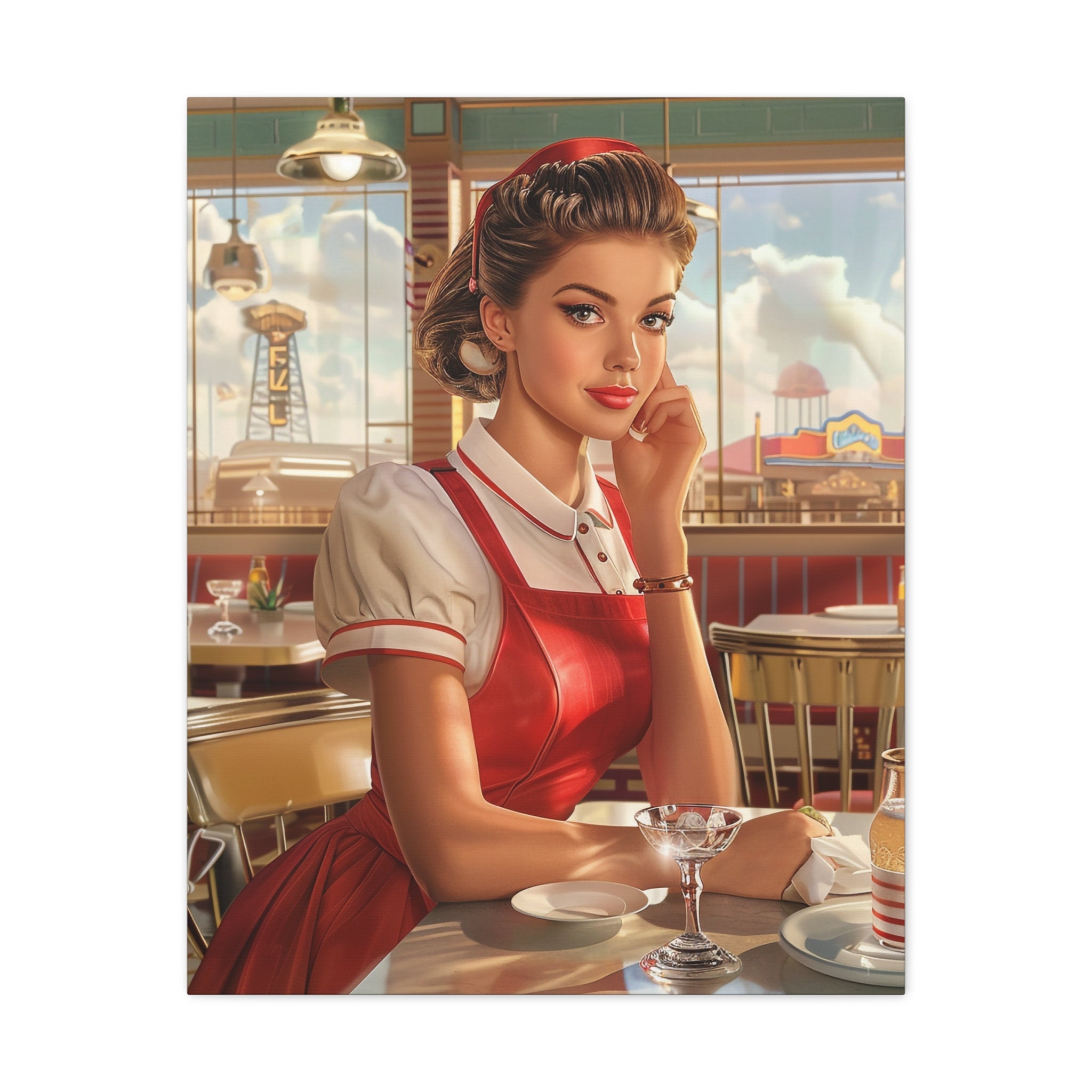 1950年代のダイナーウェイトレスのキャンバスプリント、ミッド