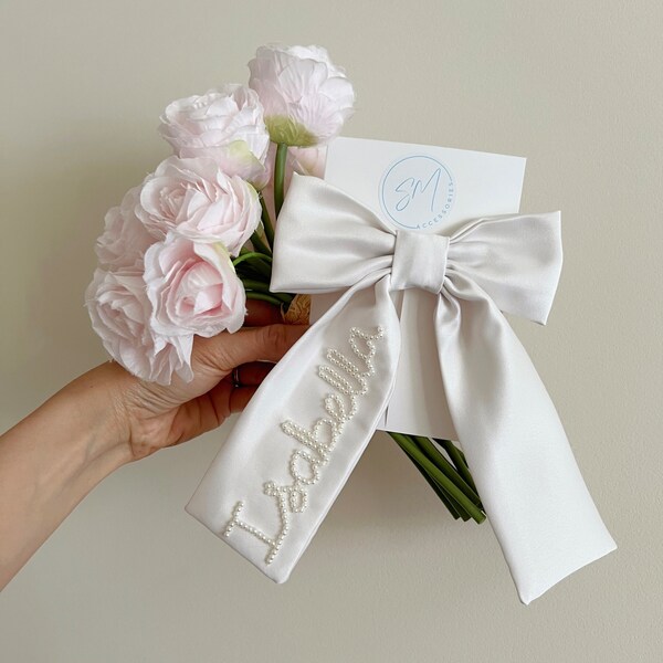 Flower girl proposal box Flower girl bow Custom hair bow pearl name bow Personalized hair bows Name bow Flower girl hair bow white hair bow