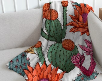 Blooming Cactus Velveteen Plush Blanket, throw blanket, bed blanket, Joshua Tree, Palm Springs, Desert Vibes, gift, cozy, Boho, Kawaii, fun