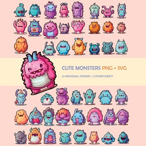 47 süße Monster drucken und schneiden Aufkleber Paket, druckbare Aufkleber, Aufkleberdesigns, Aufkleber png, Aufkleberdownloads, Aufkleber cricut