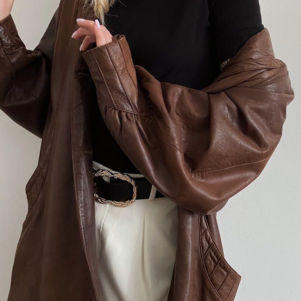 Vintage Brown Leather jacket long oversize XL