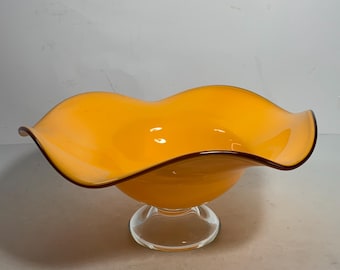 Vintage Hand Blown Orange Art Glass Ruffle Bowl 10 in.