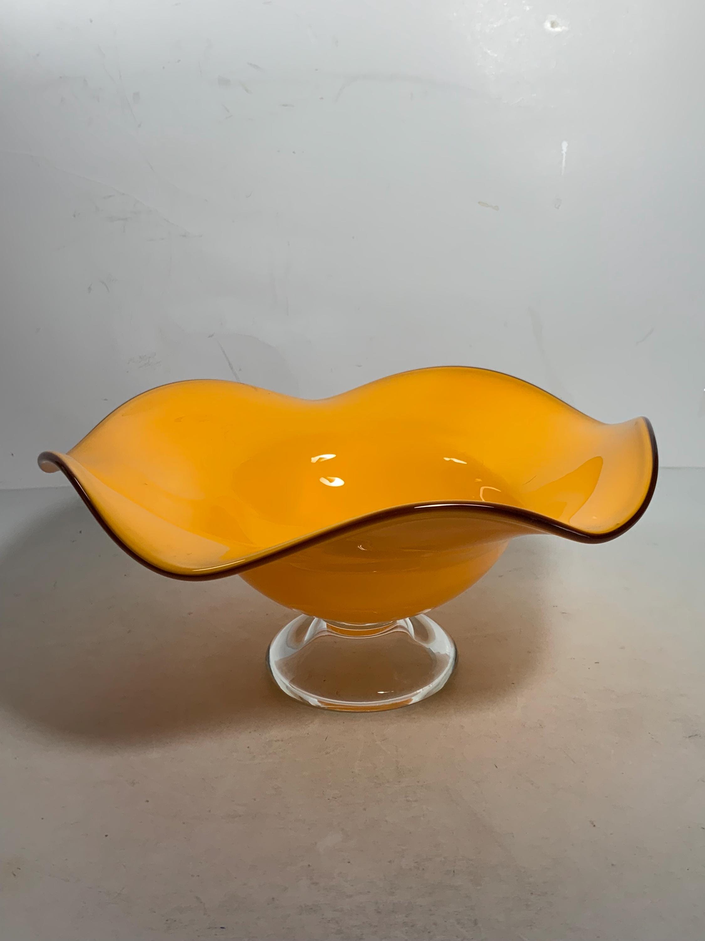 ヴィンテージ 手吹き オレンジ アート ガラス フリル ボウル 10 インチ