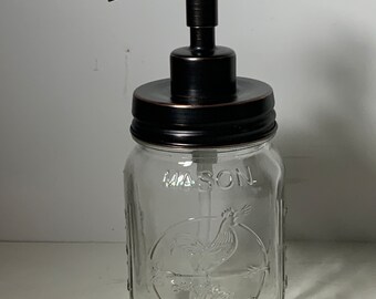 Glass Farmhouse Rooster Themed Mason Jar Soap Dispenser with Bronze Lid 8 in.