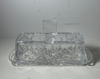 Vintage Art Deco Cut Crystal Glass Butter Dish 7 in.