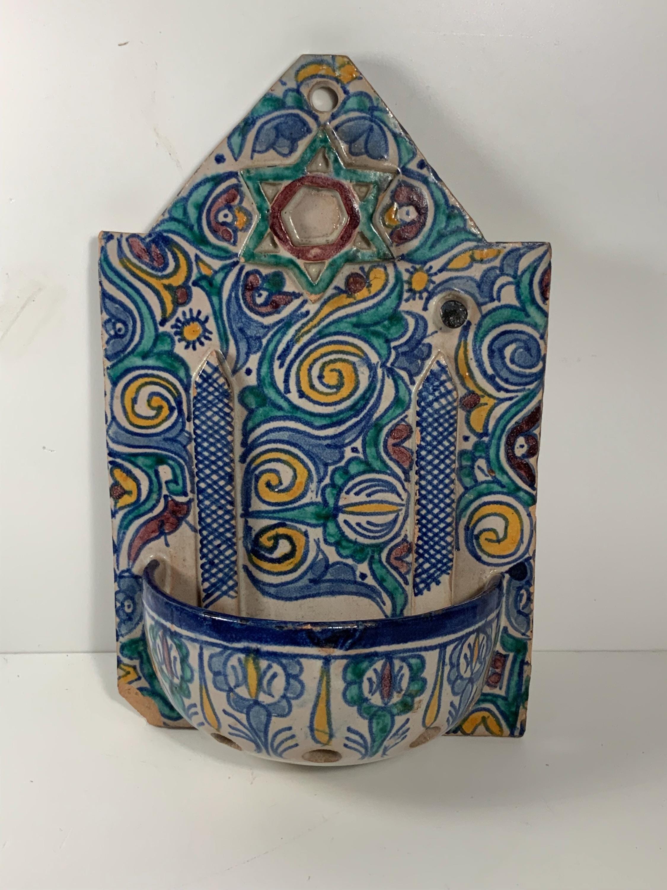 Moroccan Hand Painted Pottery Planter Wall Pocket 9 in. (Chipped)