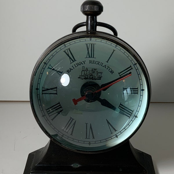 Vintage Pottery Barn Bronze & Glass Railway Regulator Magnified Desk Clock Working Condition 6 in.