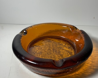 Vintage MCM 2 Fish Amber Etched Blenko Ashtray 7 in.