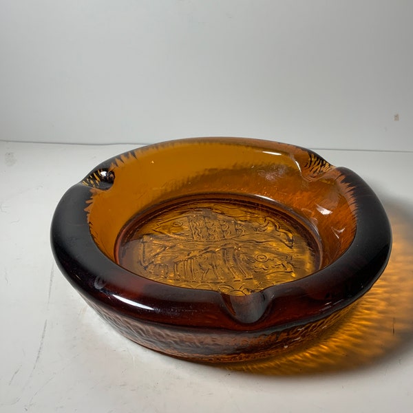 Vintage MCM 2 Fish Amber Etched Blenko Ashtray 7 in.