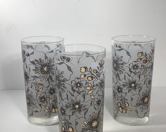 Set of 3 Vintage Libbey M. Dia Signed Gold Floral Glass Tumblers 5.5 in.