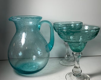 Vintage Aqua Shoreline Collection Hand Blown Bubble Glass Margarita Pitcher & 2 Glasses