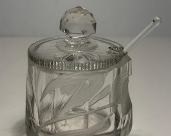 Vintage Cut Glass Olive Jar & Stabber 4 in.