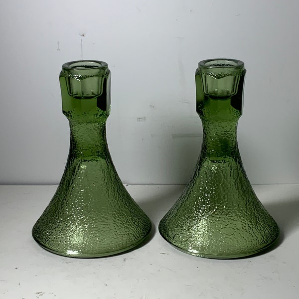 Set of 2 Vintage Fostoria Woodland Green Glass Candlestick Holders 5 in.