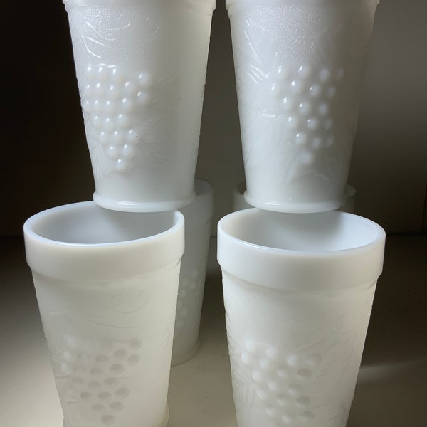 Set of 6 Vintage  White Milk Glass Tumblers Grape Clusters Leaf Vine Embossed