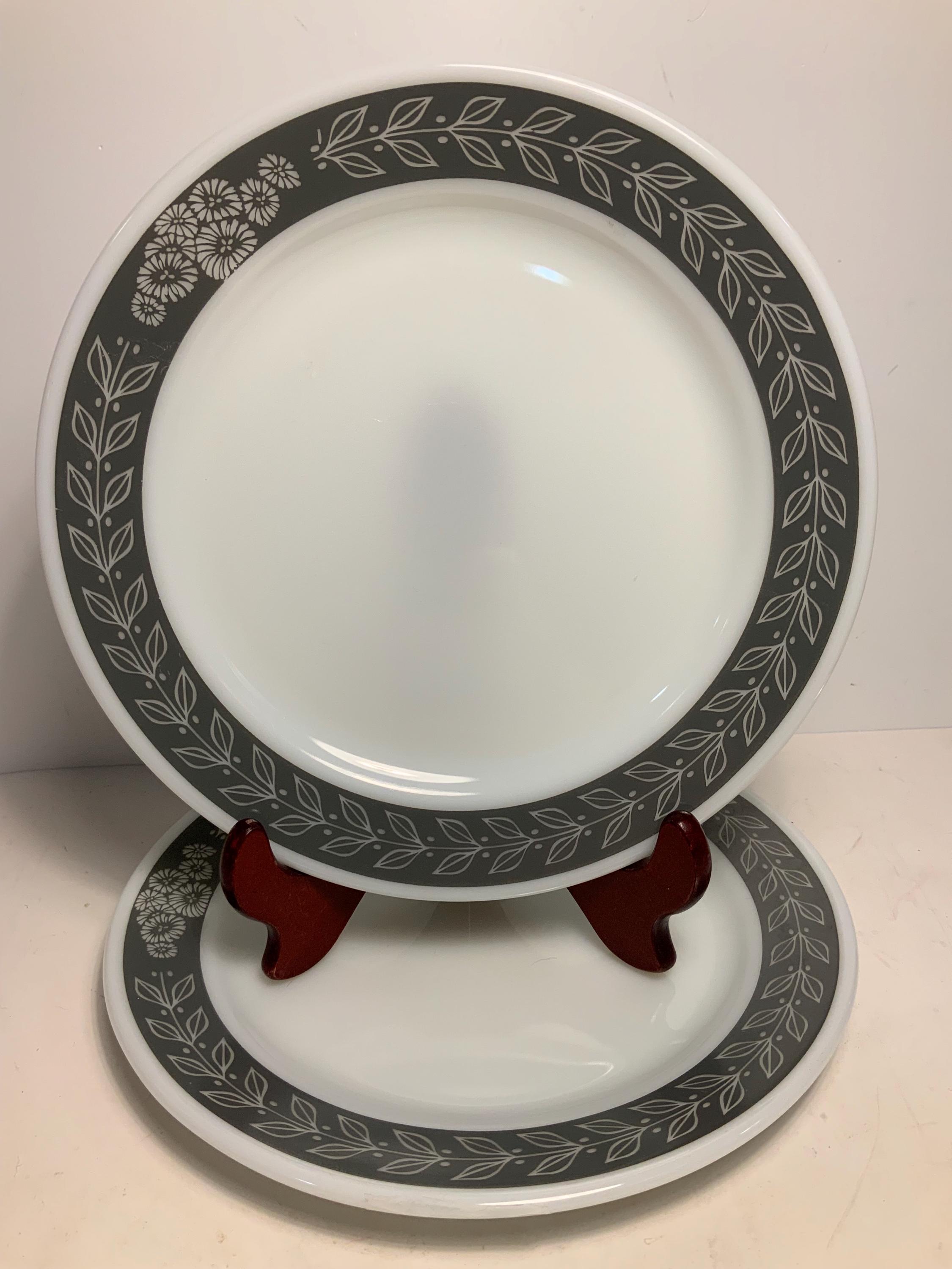 Set of 2 Vintage PYREX Grecian Gray Milk Glass Dinner Plates 10.5