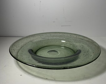 Vintage handgeblazen grijze bubbelglazen kom/plaat 9,5 inch.