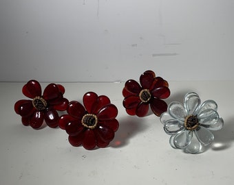 Set of 4 Rare Pottery Barn Glass & Metal Flower Napkin Rings- 3 Red and 1 Clear 2 in.