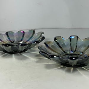 Set of 2 Fostoria Celestial Iridescent Smoke Glass Petal Bowls/Votive Candleholders 6 in.