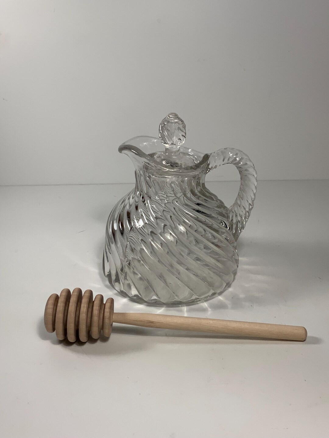 Vintage Fostoria Cascade Pattern Glass Honey Pot/pitcher & Wood Dipper ...