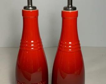 Set of 2 Le Creuset Cerise Red Olive Oil & Vinegar Cruets 8.75 in.