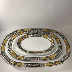 Set of 3 RARE Antique Victoria China Czechoslovakia Yellow Band Birds Serving Platters