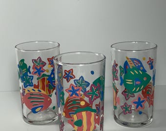 Set of 3 RARE Vintage Libbey Parrot Fish Glass Juice Glasses 4.5 in.