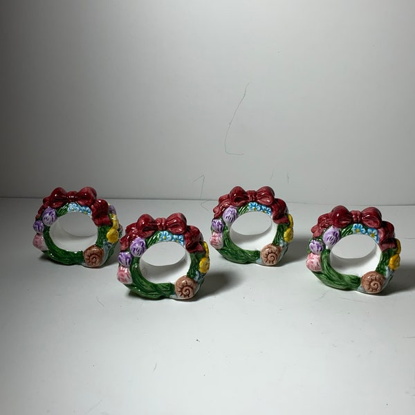 Set of 4 Vintage Floral Ceramic Napkin Rings 2 in.