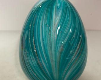 Hand Blown Turquoise & Gold Glass Egg Shaped Paperweight 6 in.