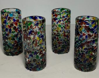 Vintage Hand Blown Pebbled Confetti Glass Shot Glasses 4 in.