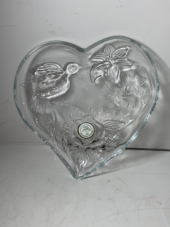 Vintage Hummingbird Heart Glass Trinket Dish Made… - image 1