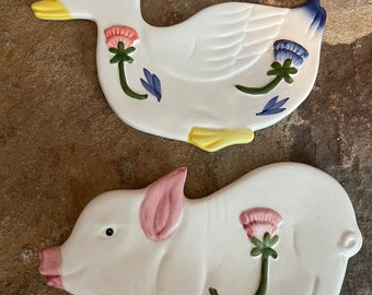 Vintage Adorable Ceramic Duck & Pig Spoon Holders/ Trinket Dishes