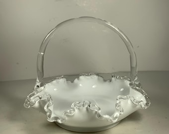 フェントン社　ボブネイル　ムーンストーン　フリルバスケット Vintage Fenton Glass Hobnail Ruffled Fan Vase/ビンテージ