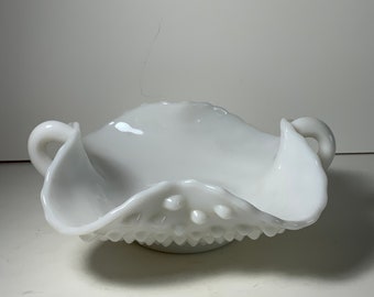 Fenton Milk Glass Hobnail Handled Bon Bon Bowl 6 in.